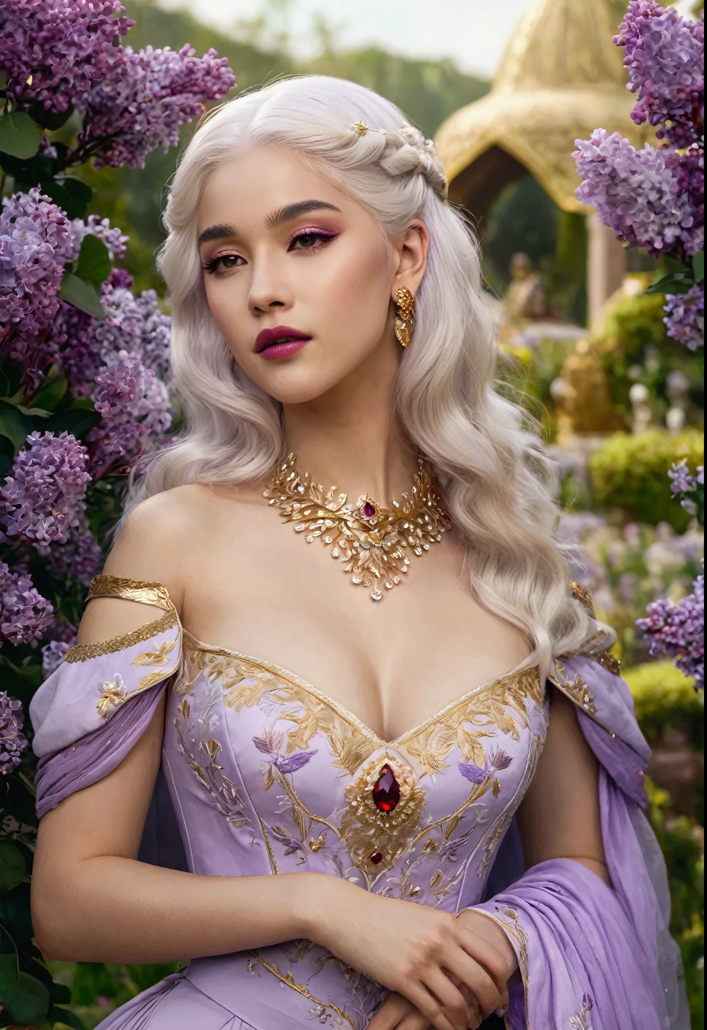 fantasy, Princess Targaryen, in the garden, a girl with white hair, in a lilac dress embroidered with gold threads of rubies and diamonds, with open shoulders, looks like Jessie Mae Lee,, hd