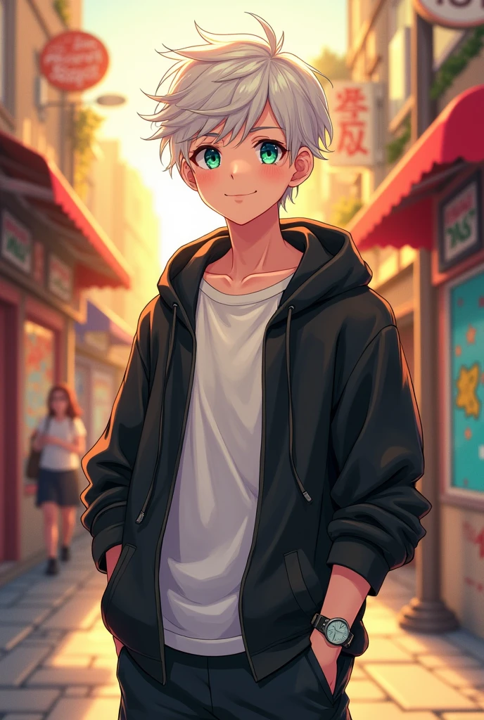 (anime type) a age boy man ,with short, albino hair and green aquamarine eyes, with slim body, with a white shirt and a black sweatshirt, He's wearing short pants, smiling, White skin,