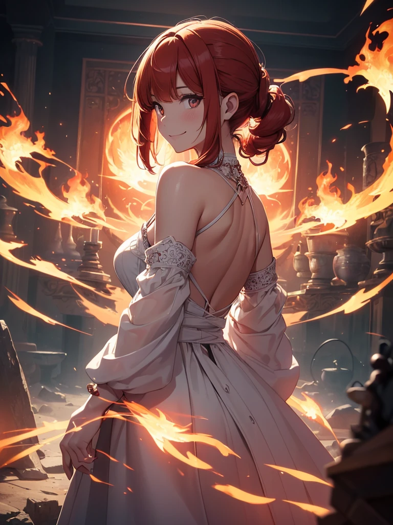 (((best quality, sharp image, clear image, cinematic lighting, 8k resolution, masterpiece, ultra detailed, intricate))) Girl, (((looking over left shoulder))), (shot from behind), ((shot from hip up)), fiery red hair, pigtails, ((white dress)), ((flaming sigils, flaming runes)), spiky rock formations, (flaming lotus flowers frame), (intricate background), ((Phoenix)), (swirling flames), smiling
