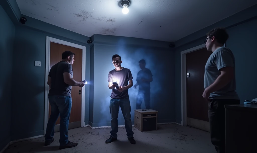 (3 Men:1, no light, no lamps, Moonlight from the window, Dark room:1), various positions in the room, one at the back by the door, in the middle a man with a walkie talkie, Flashlight in hand, Flashlight illuminates the room, Ghost Hunt, (evil spirit of a deceased person very blurred in the background, ghost to recognize in the photo), (design from the game Phasmophobia, items from the game Phasmophobia), old wooden house, Photo taken from a digital camera, amateur photo, blue filter due to poor camera quality, realistic image