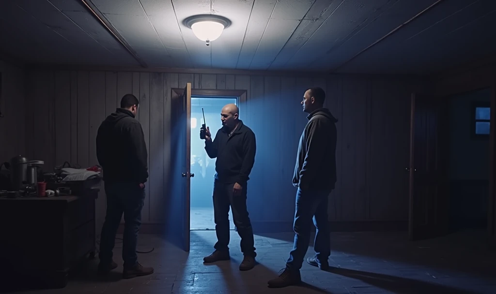(3 Men:1, no light, no lamps, Moonlight from the window, Dark room:1), various positions in the room, one at the back by the door, in the middle a man with a walkie talkie, Flashlight in hand, Flashlight illuminates the room, Ghost Hunt, (evil spirit of a deceased person very blurred in the background, ghost to recognize in the photo), (design from the game Phasmophobia, items from the game Phasmophobia), old wooden house, Photo taken from a digital camera, amateur photo, blue filter due to poor camera quality, realistic image