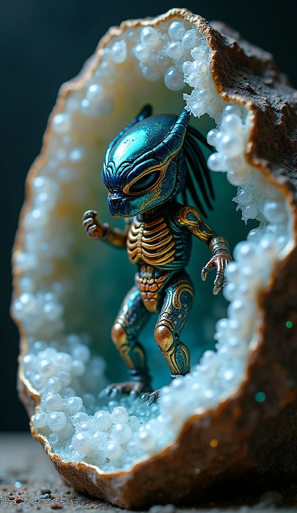 mushrooms   and image of the Predator movie still of a Yautja with a translucent gel-like body showing internal organs and skeletal structure
 miniature, inside a marble geode, 3d style, sharp focus, reflections, pearls, gradient stains, stardust, studio photo, indigo, gold, turquoise