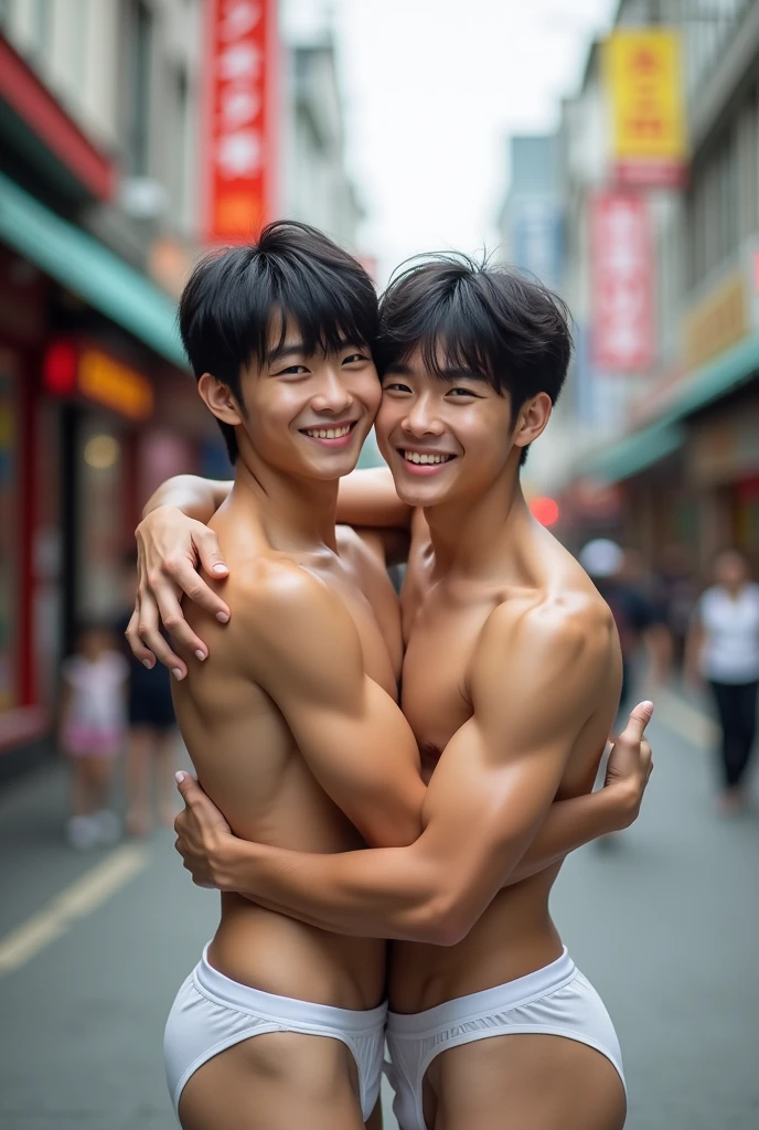 Two boys, cute, korean, embrace, upper body, in the street, bangs, muscle, sexy, white thong underwear, abs, topless, city