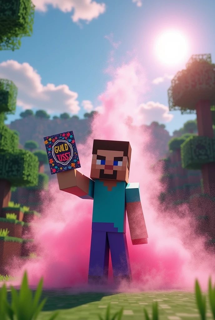 create a minecraft steve, where you can see pink powder like drugs.. and GUILD TUSSI card.