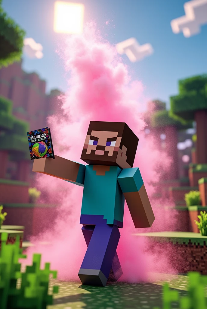 create a minecraft steve, where you can see pink powder like drugs.. and GUILD TUSSI card.