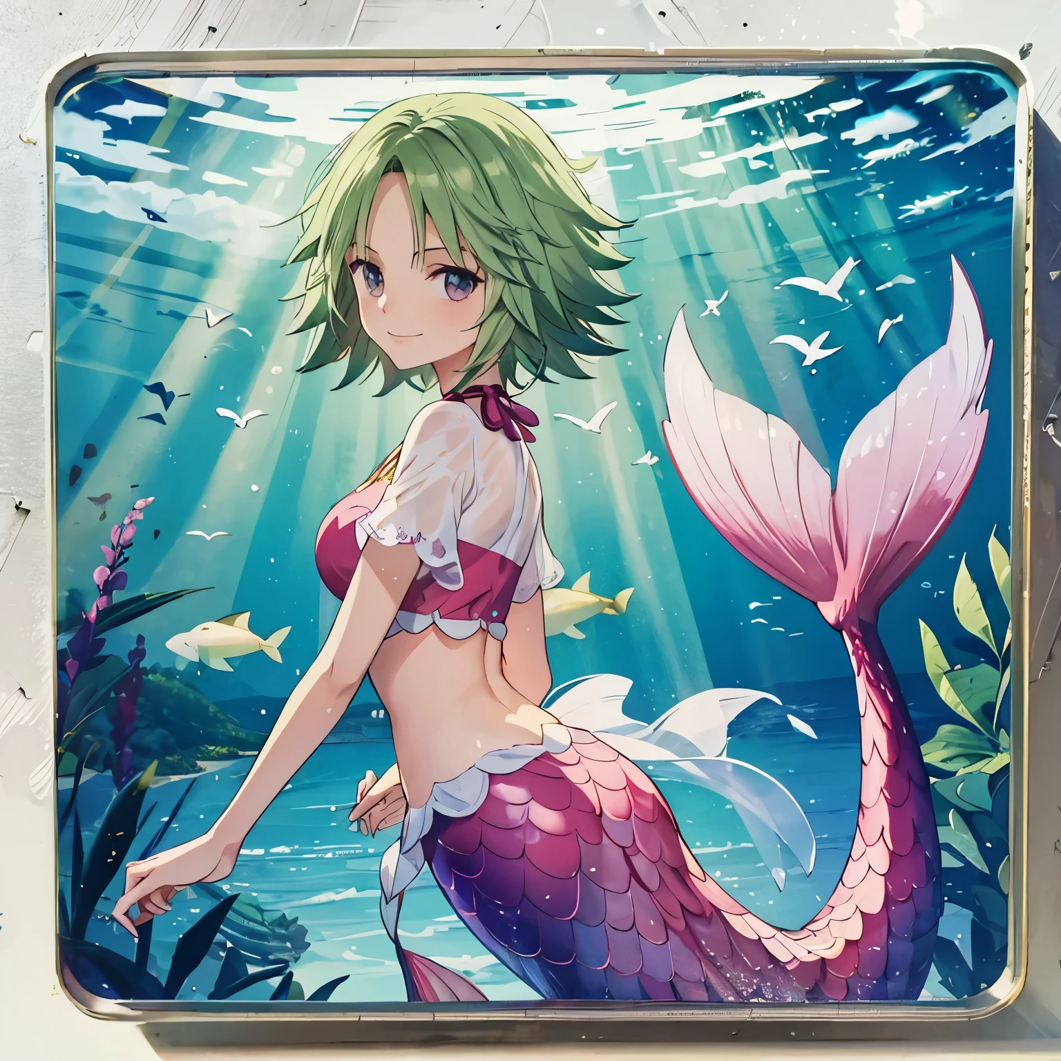 mermaid,camie,short hair,green hair,crop top, raglan sleeves, short sleeves,smile