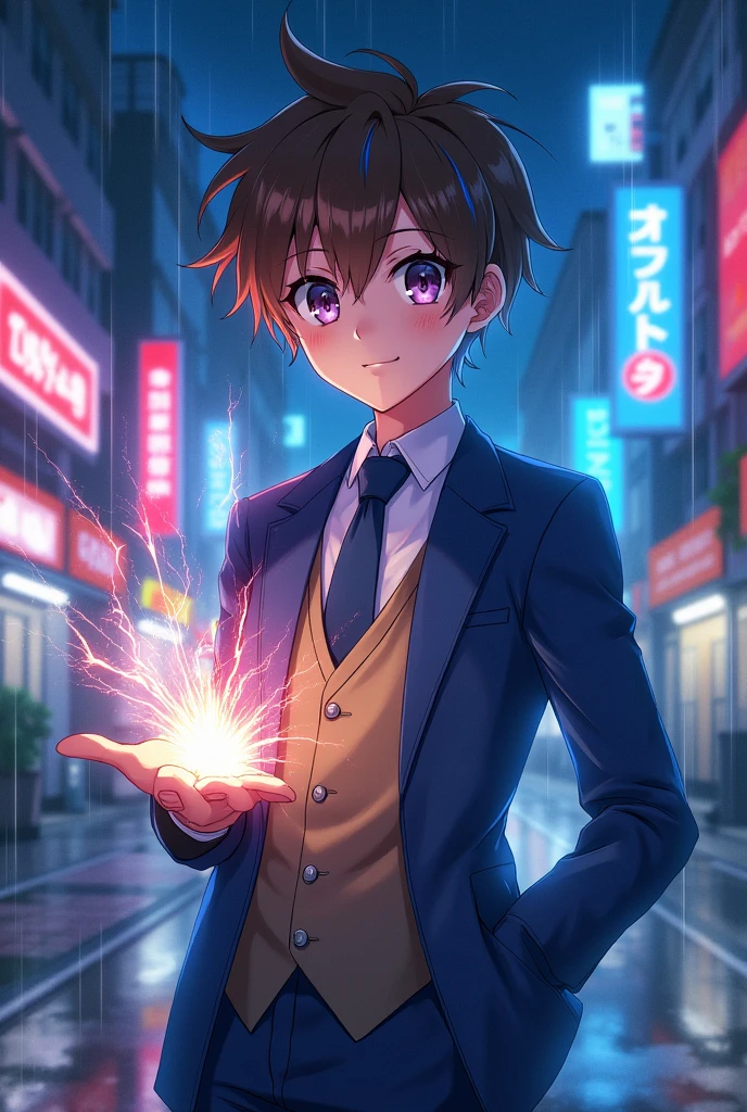 An anime male protagonist with brown hair that has a streak of a different color on one side, that they wear a simple but stylish Japanese uniform
And with electrical powers