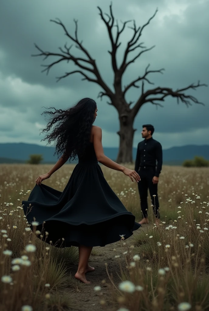A young Brazilian woman with long hair down to her feet, Rapunzel style ,curly and black, IN A BLACK DRESS, barefoot, dancing in a field of dead flowers ,with a dead tree in the background, On a stormy night, a black haired asian man , in black pants and a black shirt watching the woman dancing with magic