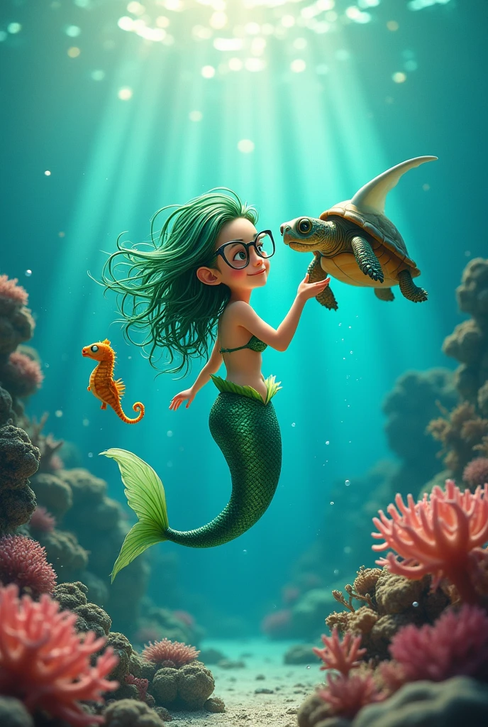 A little mermaid in the depths of the sea accompanied by a turtle wearing glasses, a small seahorse, and a manta ray behind her.