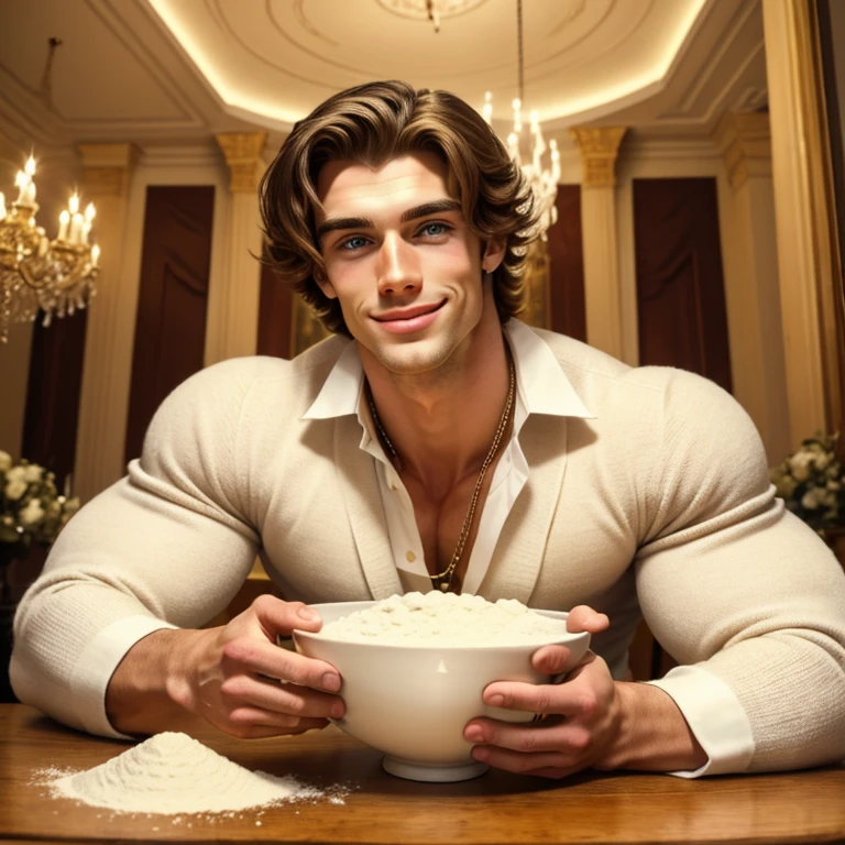 one wealthy young white handsome european hype fashion man looking happy, sniffing directly with his nose very close to a small bowl full of thin white flour, on A table of great value, rich well-decorated mansion