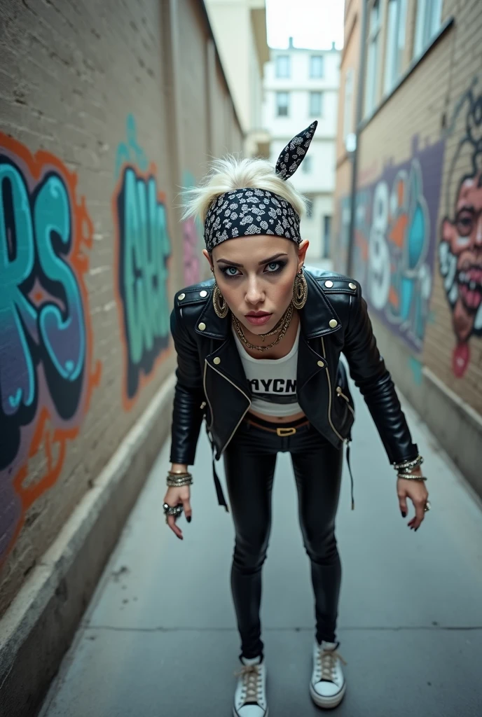 russian milf woman, platinum blonde hair with black parsley bandana headband, with very light blue eyes, extremely pale, heavy eye shadows. Sad face, smeared make up, runny mascara. Wearing black moto jacket, cropped metal band t-shirt, leather skinny jeans and wiite tennis sneakers . Lots of metallic braceles and collars. Tacky leather belt with oversized buckle. Wide loop earrings. Bow-legged, barely can walk. Hands like claws