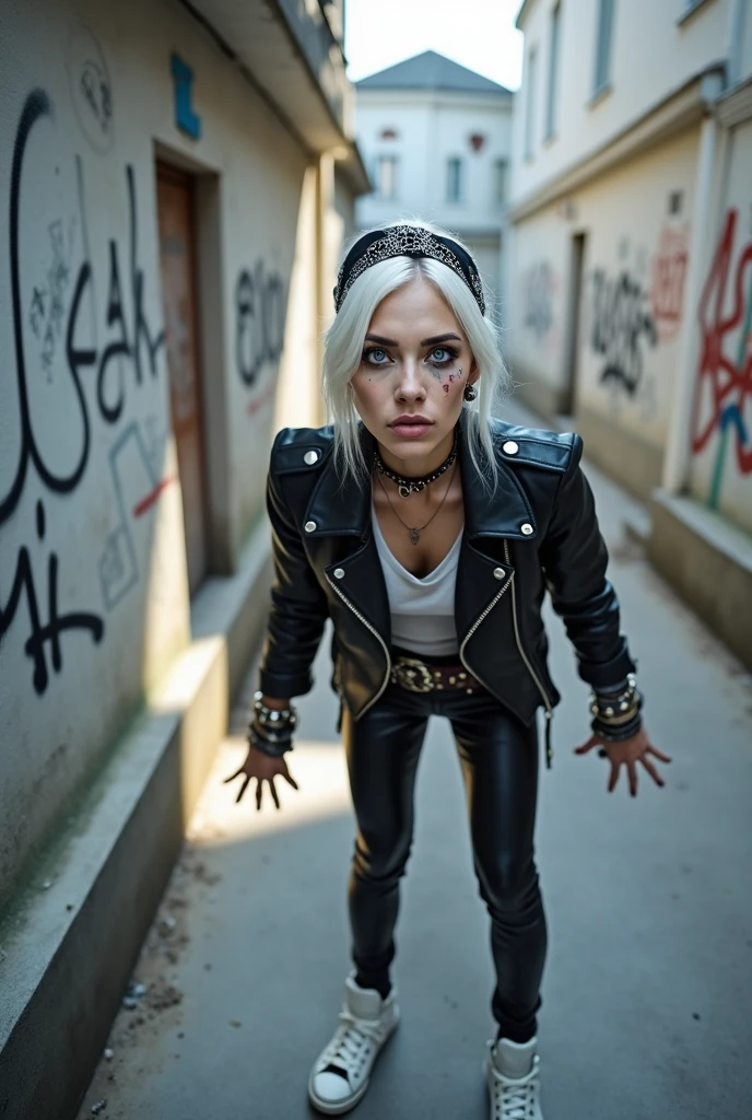 russian milf woman, platinum blonde hair with black parsley bandana headband, with very light blue eyes, extremely pale, heavy eye shadows. Sad face, smeared make up, runny mascara. Wearing black moto jacket, cropped metal band t-shirt, leather skinny jeans and wiite tennis sneakers . Lots of metallic braceles and collars. Tacky leather belt with oversized buckle. Wide loop earrings. Bow-legged, barely can walk. Hands like claws