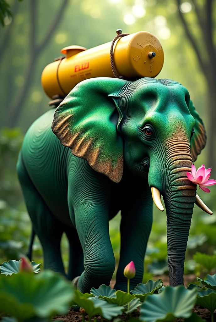 An green elephant carries a yellow lpg gas tank on its back and a pink lotus bud in its trunk