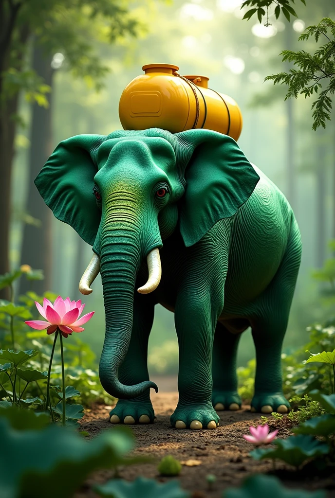 An green elephant carries a yellow lpg gas tank on its back and a pink lotus bud in its trunk