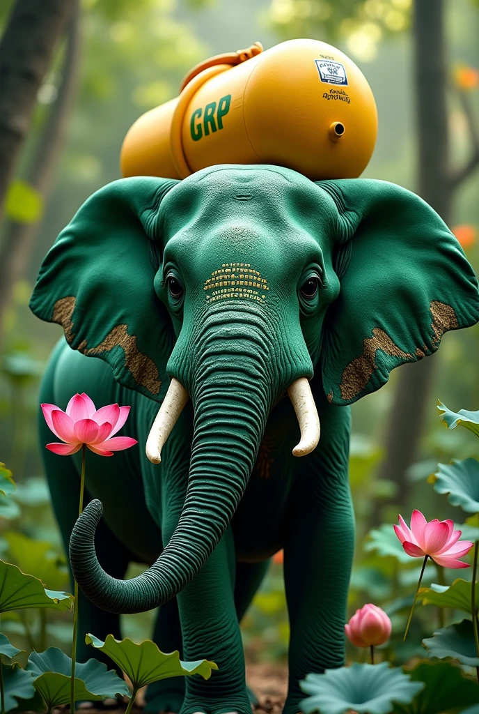 An green elephant carries a yellow lpg gas tank on its back and a pink lotus bud in its trunk