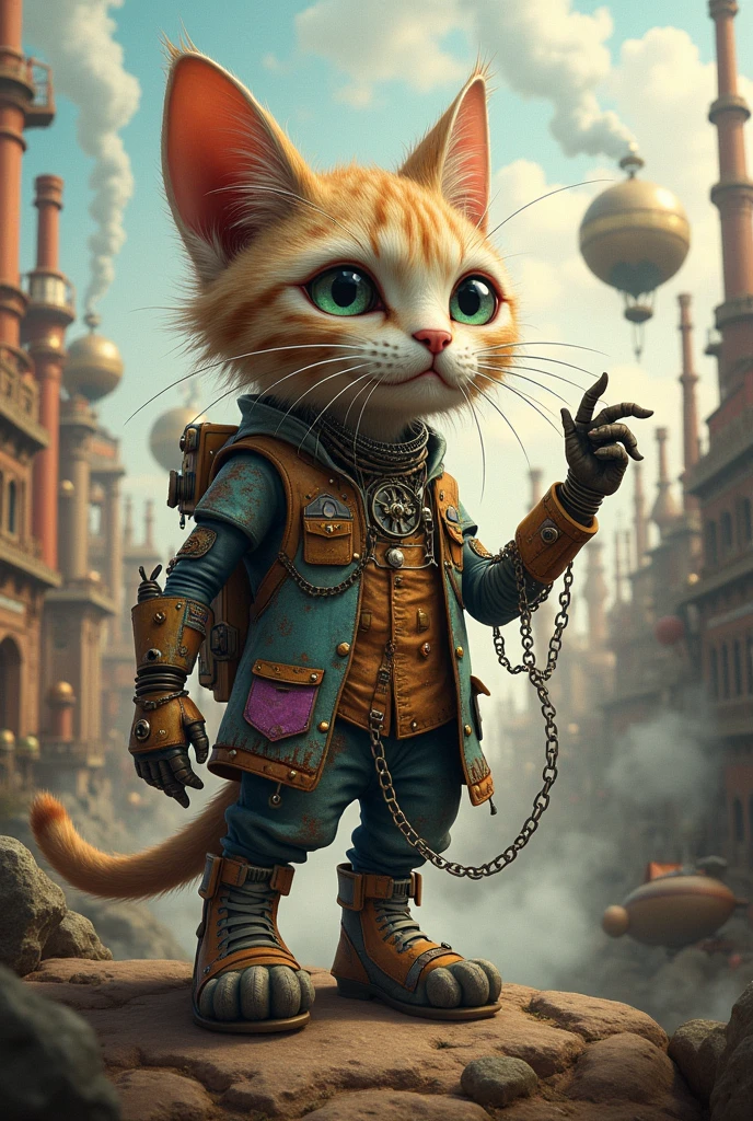 Fantz cartoon (creature:0.6)|(cat:0.5) design, ultra detailed, random colors, steampunk, and punk costume,