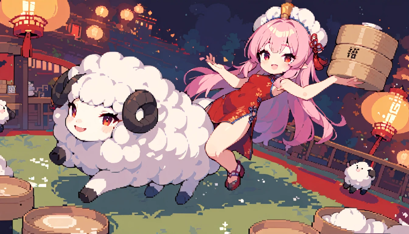 masterpiece, Highest quality, 8k, Pixel art, Pixel art, Vivid, ((1girl)), young woman, smile, cute, Turning at an angle, Open your mouth, Fluffy hair, Long Hair, Hair like sheep's hair, Pink Hair, eyebrow, 太いeyebrow, China dress, Chignon Cap, (Highest quality:1.0), (China Hotel), Holding a bamboo steamer in both hands, A sheep is riding, Circular red rotating table