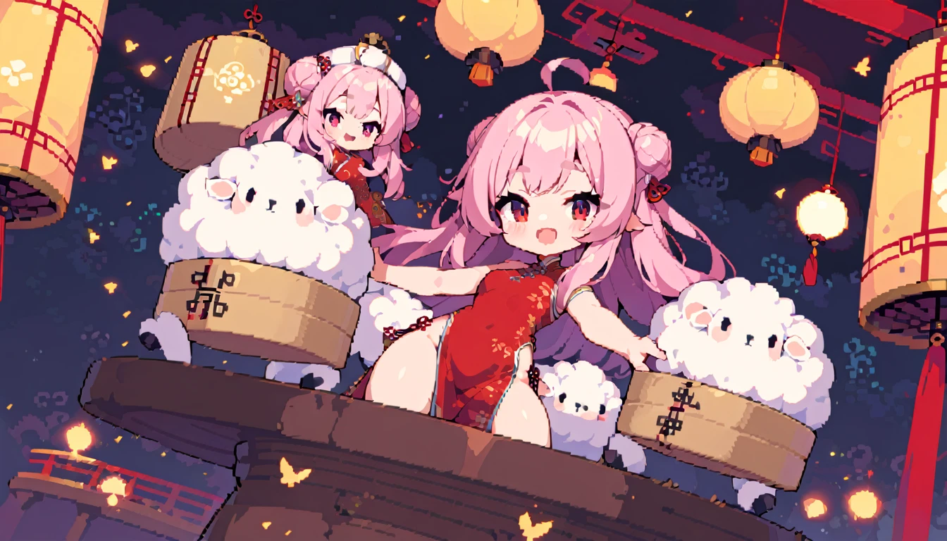 masterpiece, Highest quality, 8k, Pixel art, Pixel art, Vivid, ((1girl)), young woman, smile, cute, Turning at an angle, Open your mouth, Fluffy hair, Long Hair, Hair like sheep's hair, Pink Hair, eyebrow, 太いeyebrow, China dress, Chignon Cap, (Highest quality:1.0), (China Hotel), Holding a bamboo steamer in both hands, A sheep is riding, Circular red rotating table