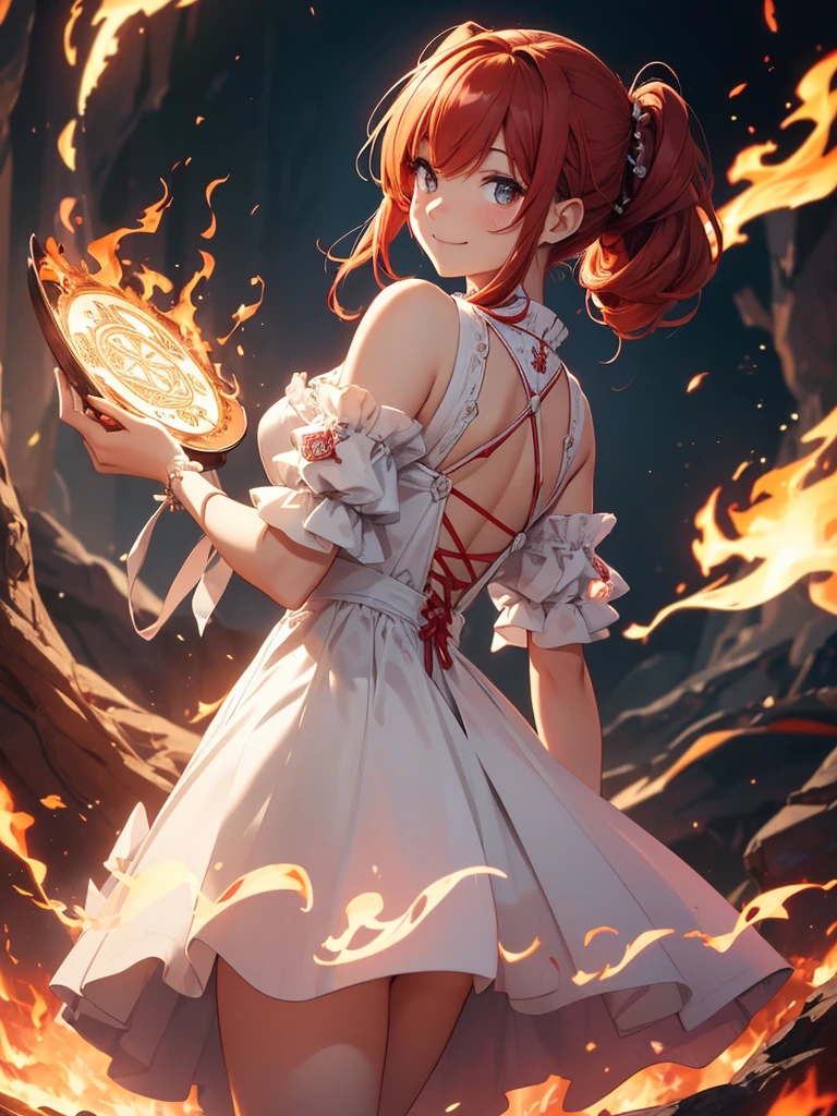 (((best quality, sharp image, clear image, cinematic lighting, 8k resolution, masterpiece, ultra detailed, intricate))) Girl, (((looking over left shoulder))), (shot from behind), ((shot from hip up)), fiery red hair, pigtails, ((white dress)), ((flaming sigils, flaming runes)), spiky rock formations, (flaming lotus flowers frame), (intricate background), ((Phoenix)), (swirling flames), smiling