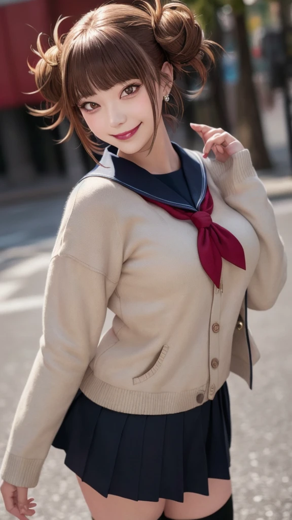 Kujikawa Def,Twin tails,,Seraph of the Black,Long sleeve,skirt,Knee socks,jewelry,Earrings,Are standing,
Highest quality, Very detailed, masterpiece, Absurd,8k,   photoRealistic, Realistic,Detailed skin texture,Detailed pupil,High resolution,Natural light,
One person,alone,(Happy:1.1),(smile:1.2),short hair,Brown Hair,(Angular face:1.2),Shining Face,Large Breasts, Tight waist, Lip Makeup,