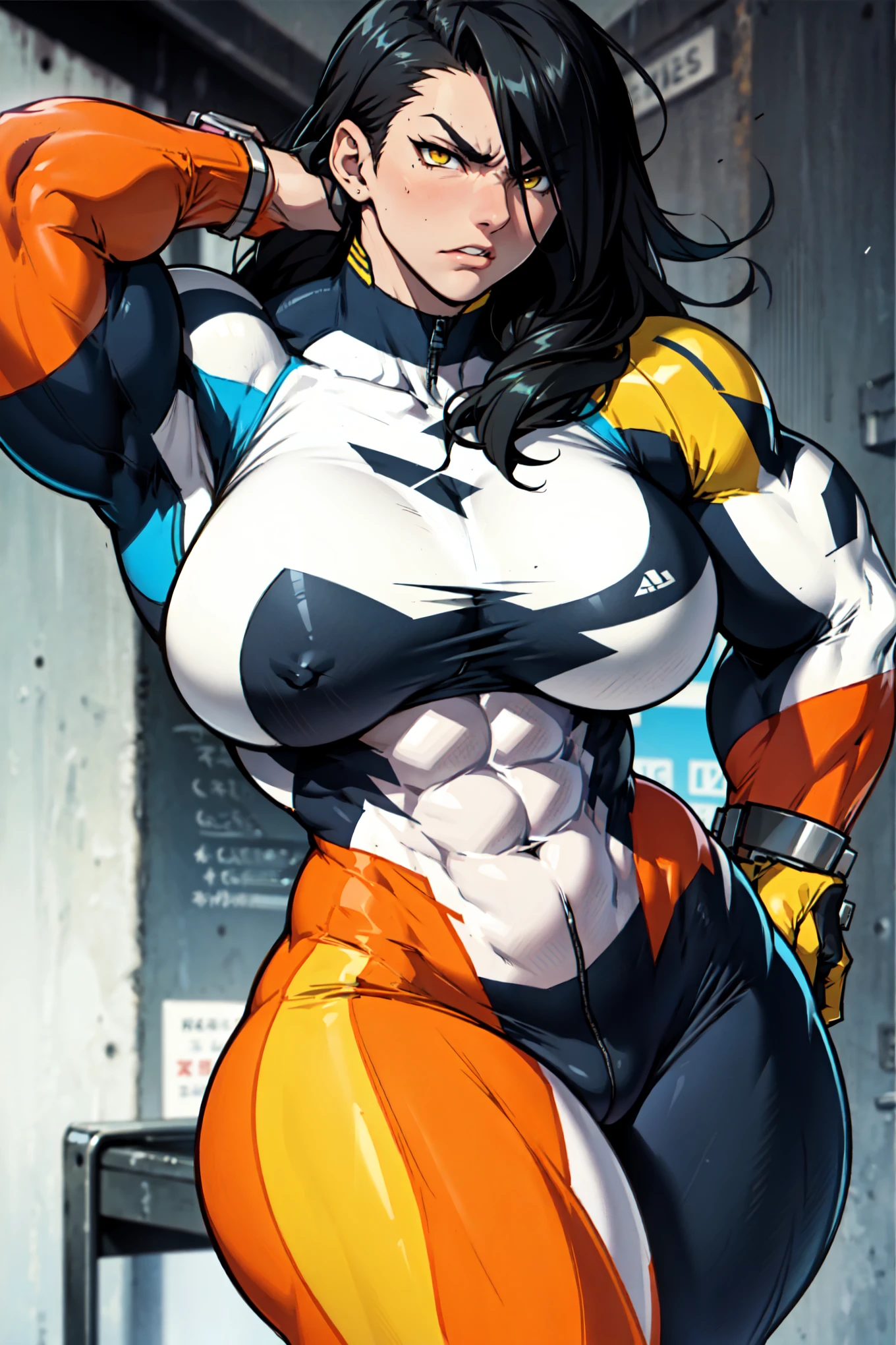 grey background skintight suit 1girl black hair yellow eyes very long hair pale skin angry (bodybuilder huge breasts muscular toned body curvy wide hips thick thighs) perfect female anatomy