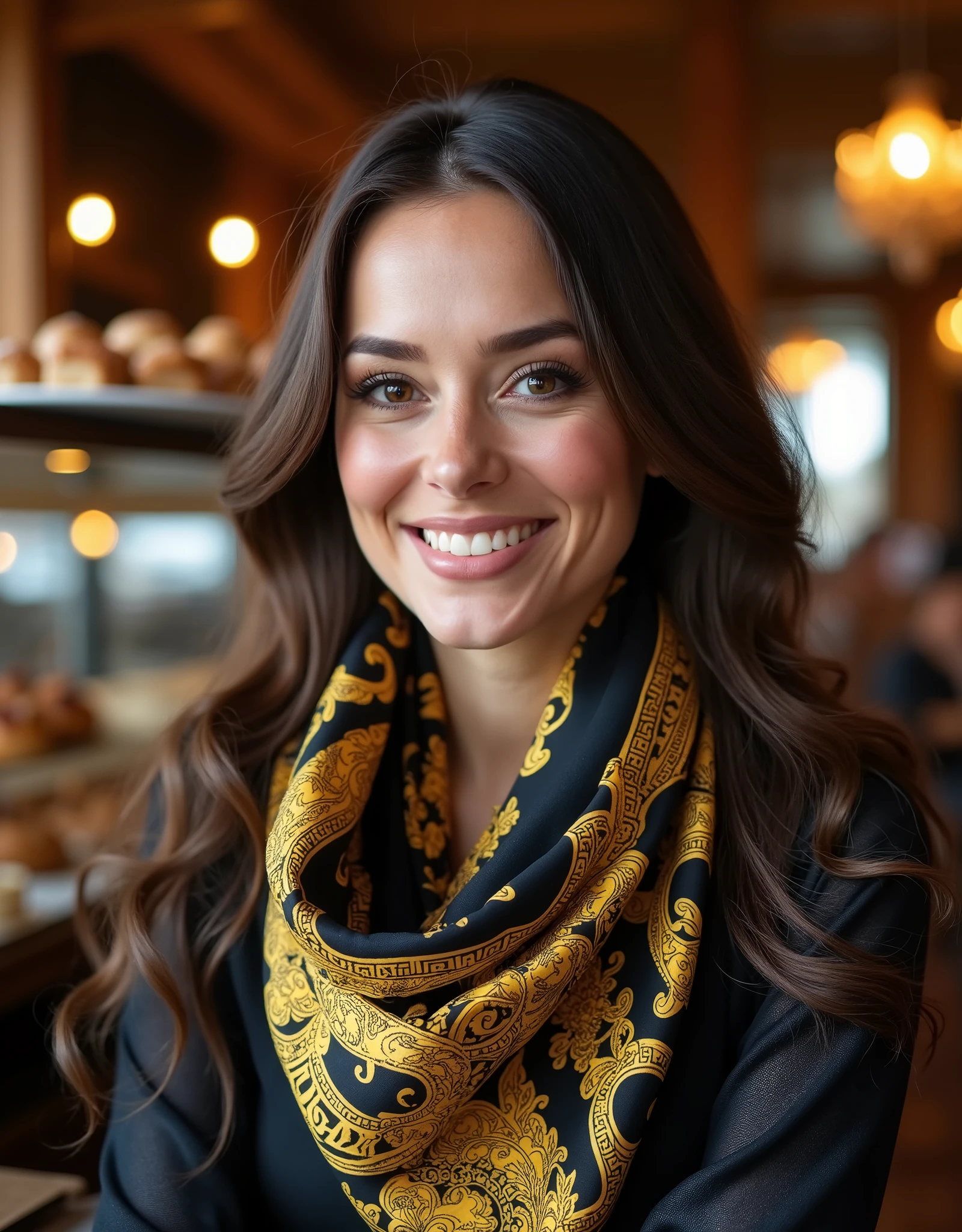 (photorealism:1.2), very pretty and stylish 36-years-old smiling lady in shiny blouse with long brown hair, brown eyes, smokey-eyes-make-up, wearing a very shiny black white yellow versace patterned square silk scarf, sitting in a typical coffeehouse in Vienna.