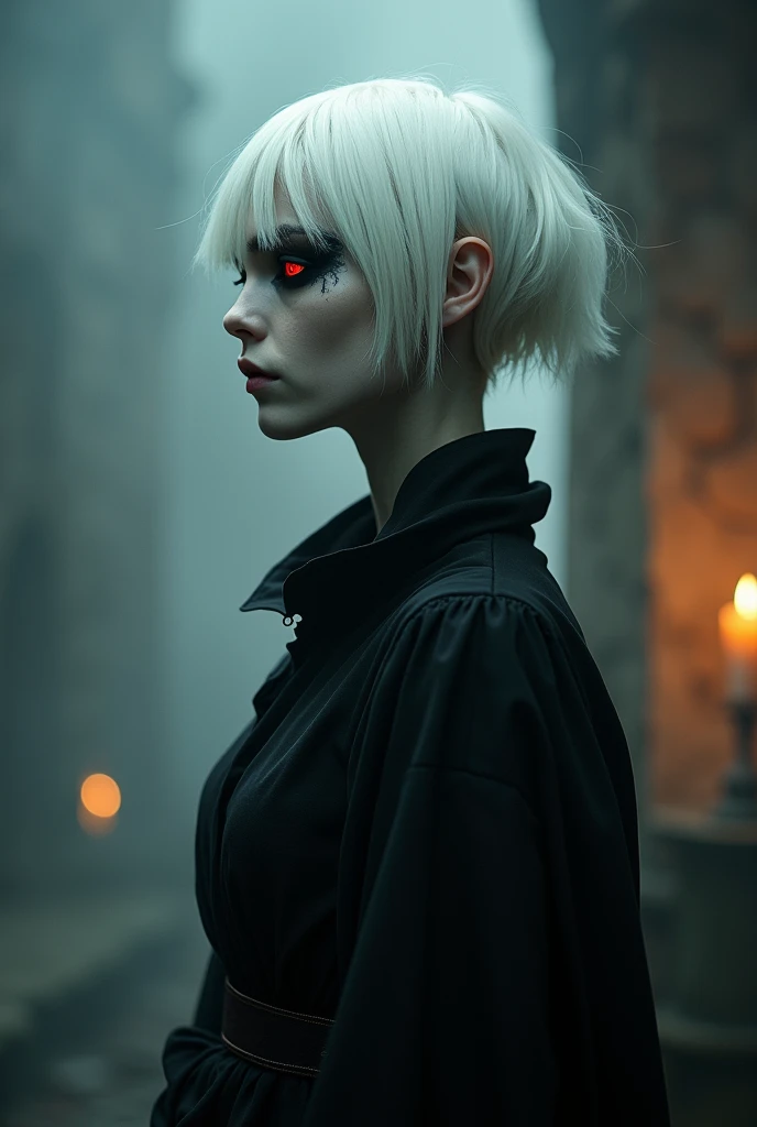 Profile of an albino creature, pale translucent skin, short platinum white hair, blood red eyes with black sclera, black clothes on him