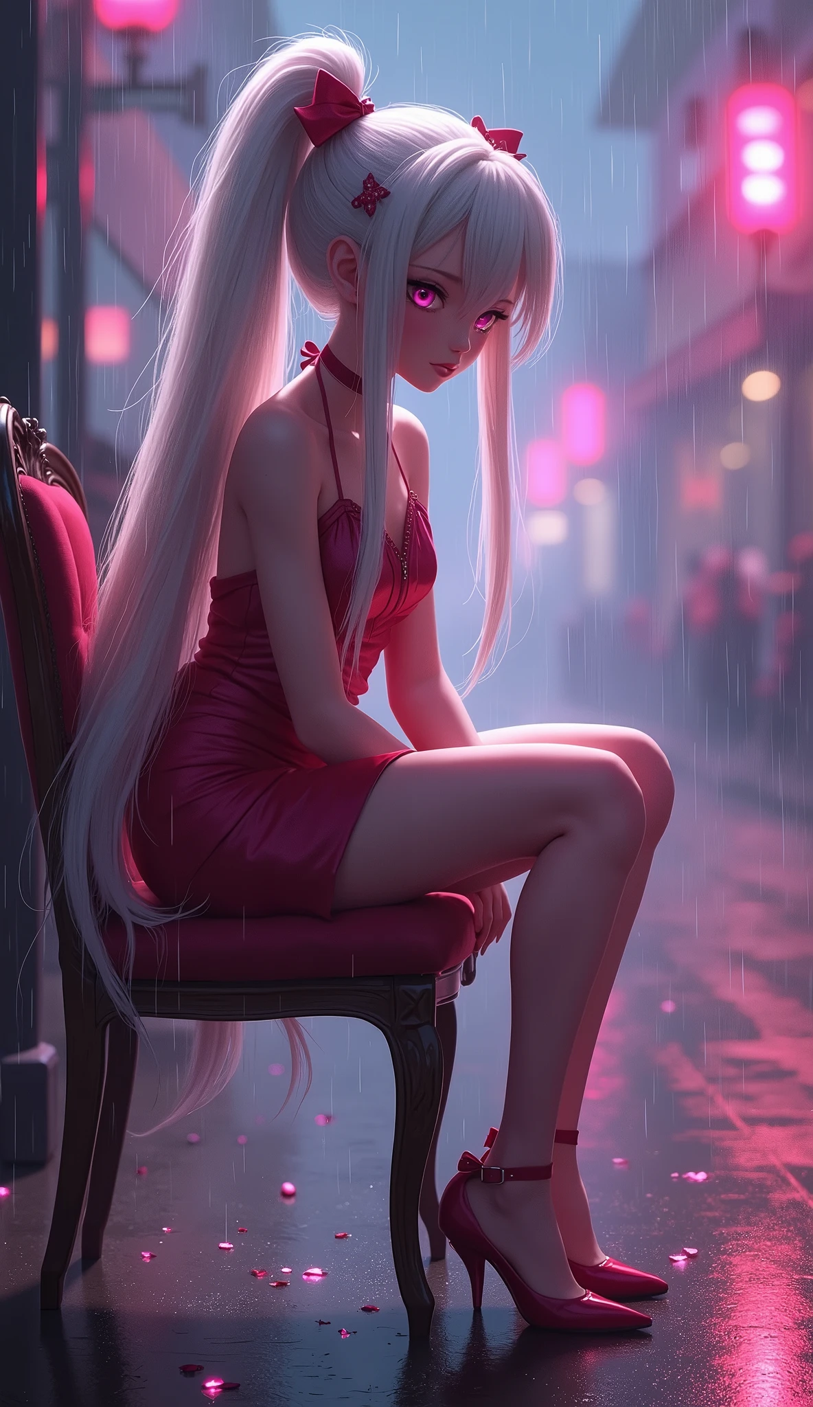 photorealistic,Realistic illustration in Modelshoot style,((masterpiece)),((The best quality)),((Ultra Quality)),((ultra detailed)),((1girl long white hair)),((Only)),((waifu:1.5)),Perfect anatomy,perfect hands,beautiful cuerpo,beautiful_method,ulzzang-6500-v1,e-chica,((Exceptionally Beauty Waifu Princess Tifa Lockhart)),Actual photo、((Highest im年 quality))、((Beautiful woman、Beautiful thighs、Beautiful Face))、((Uniform Ponytail))、Yuriko Yoshitaka、((Japanese women))、((pretty girl))、((skirt))、((Beautiful thighs))、((pumps))、Sit on a chair、(front:1.6)、(Open your knees:1.4)、((Panty shot))、,((bright-pink_eyes)),long wavy hair, ((white hair)),hair clips,eyeliner,cute makeup,lipstick,Glossy lipstick,with a look of terror, worry and sadness,((eyes detallados perfectos)),rainy with fog outside,evening,pink theme,bioluminiscencia,light particles,((Extremely CG Unity 8K Wallpaper)),((cinematic lighting,Best quality lights)),intricate details,Suave,sharp focus,Extremely beautiful and aesthetic,Octane rendering,Full length portrait,damp skin,((Perfect detailed body)),