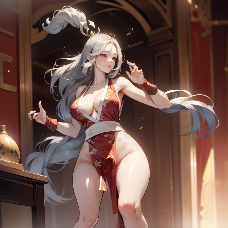 high quality,HD,16K,Sharp Line,1 Girl,fantasy, （Fire Spirits）,Pretty Face, Large Breasts, Beautiful legs,In the mountains,Focus Girl,detailed Pretty Face,Detailed clothes,beautiful eyes,Cool,Sexy,Dynamic Angle,穿着华服的神明Strike a pose拍照, Ancient mysterious sexy goddess, Traditional beauty woman, Beautiful female warrior god of war , Beautiful sexy goddess, Gorgeous role-playing, high, Beautiful young girl, Beautiful woman, 华丽Beautiful woman, Complex clothing,Chinese Mystical Aesthetics, Beautiful Asian ancient mysterious girl, Extremely detailed shot of the goddess, Jaw-dropping sexy beauty, Big breasts deep neckline sexy belly button（butt), (bedroom), (Sexy Girls), masterpiece, best quality, Bangs, blush, Chest, clavicle, Eyebrows visible through hair, (Ombre gold hair), Jewelry, Long hair,Bright Eyes, ring, (solitary), illustration, fashionable, miss, Strike a pose, background, element, confident, Express, Accessories, majestic, striking, key point, Dynamic poses, ((plump)), (black))Woman in transparent dress,Viewer,(((Full breasts, Keeley University))),Slim waist,(Navel exposed,Bare waist), Long hair, extreme detailed details, 详细的fantasy艺术, Stunning character art, Beautiful and exquisite character art, Beautiful transparent dress, Very detailed, Large Breasts，Chest，Golden ratio figure，Beautiful figure，Ultra wide-angle shooting，Full body shot拍摄，Body close-up，Full body shot，Wearing a pleated tulle skirt，柔和动漫illustration, 柔和的深色background，Fujifilm XT3 Clear focus, f 5.6, High Detail, Clear focus,(Wearing openwork clothing),, (Natural light), (Tempting)translucent, Good velvet quality, Compared, Divine Light,, Silver hair, 天空background, Absolute Strength,Female Shinmei，穿着性感丝绸的Female Shinmei,，Large Breasts，Chest，Golden ratio figure，Beautiful figure，Ultra wide-angle shooting，Full body shot，Body close-up，Full body shot， Wearing a tulle dress, Model shooting style, Large Breasts，饱满Chest，Golden ratio figure，Beautiful figure，(Extremely detailed CG 8k wallpaper unit), The most beautiful artistic photos in the world, , 8K 超HD, ) on the beach，Sexy lazy posture，Sexy seductive expression，best quality,masterpiece,Ultra-high resolution,(Practical:1.4),original photo,Ultra-high resolution