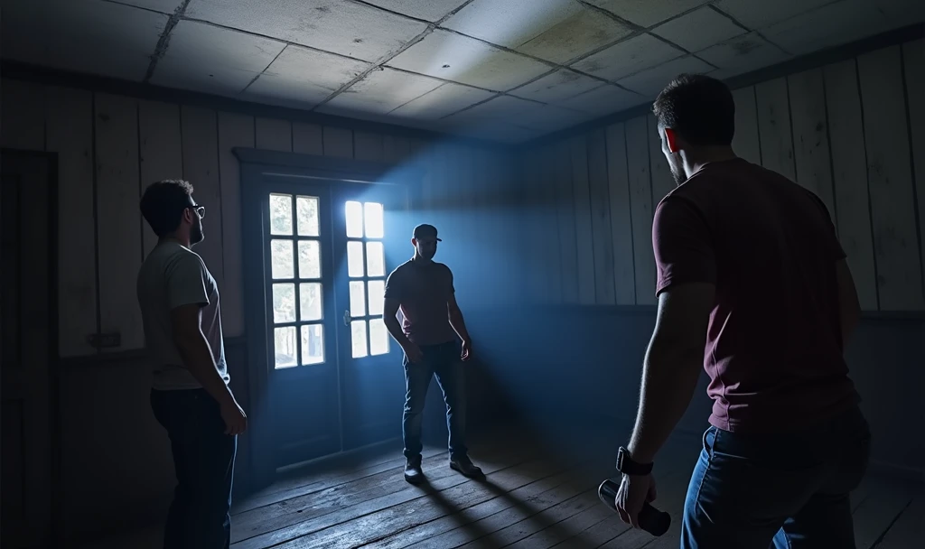 (3 Men:1, no light, no lamps, Moonlight from the window, Dark room:1), various positions in the room, one at the back by the door, in the middle a man with a walkie talkie, Flashlight in hand, Flashlight illuminates the room, Ghost Hunt, (evil spirit of a deceased person very blurred in the background, ghost to recognize in the photo), (design from the game Phasmophobia, items from the game Phasmophobia), old wooden house, Photo taken from a digital camera, amateur photo, blue filter due to poor camera quality, realistic image