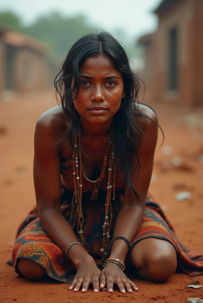 An indigenous person begging for food, kneeling and looking directly at the camera while crying desperately. 