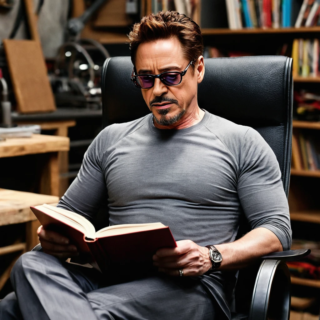Robert Downey Jr. Who played a role as Tony stark in Marvel studios movie iron man holding the book and reading the book while sitting in a chair in his workshop place where he made his suite wearing his grey half sleeves t-shirt in his workplace he has computers and all things that has in basement in the Iron-man 1 movie.