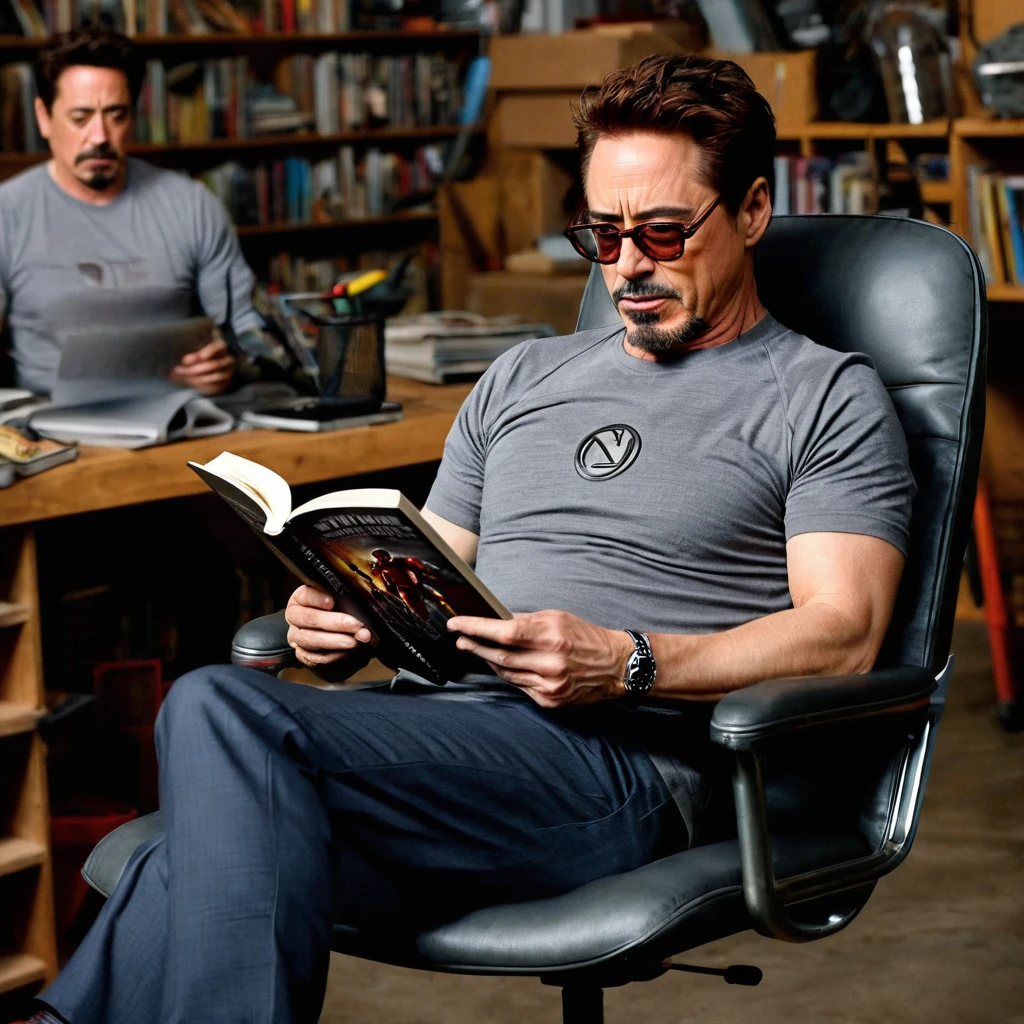 Robert Downey Jr. Who played a role as Tony stark in Marvel studios movie iron man holding the book and reading the book while sitting in a chair in his workshop place where he made his suite wearing his grey half sleeves t-shirt in his workplace he has computers and all things that has in basement in the Iron-man 1 movie.