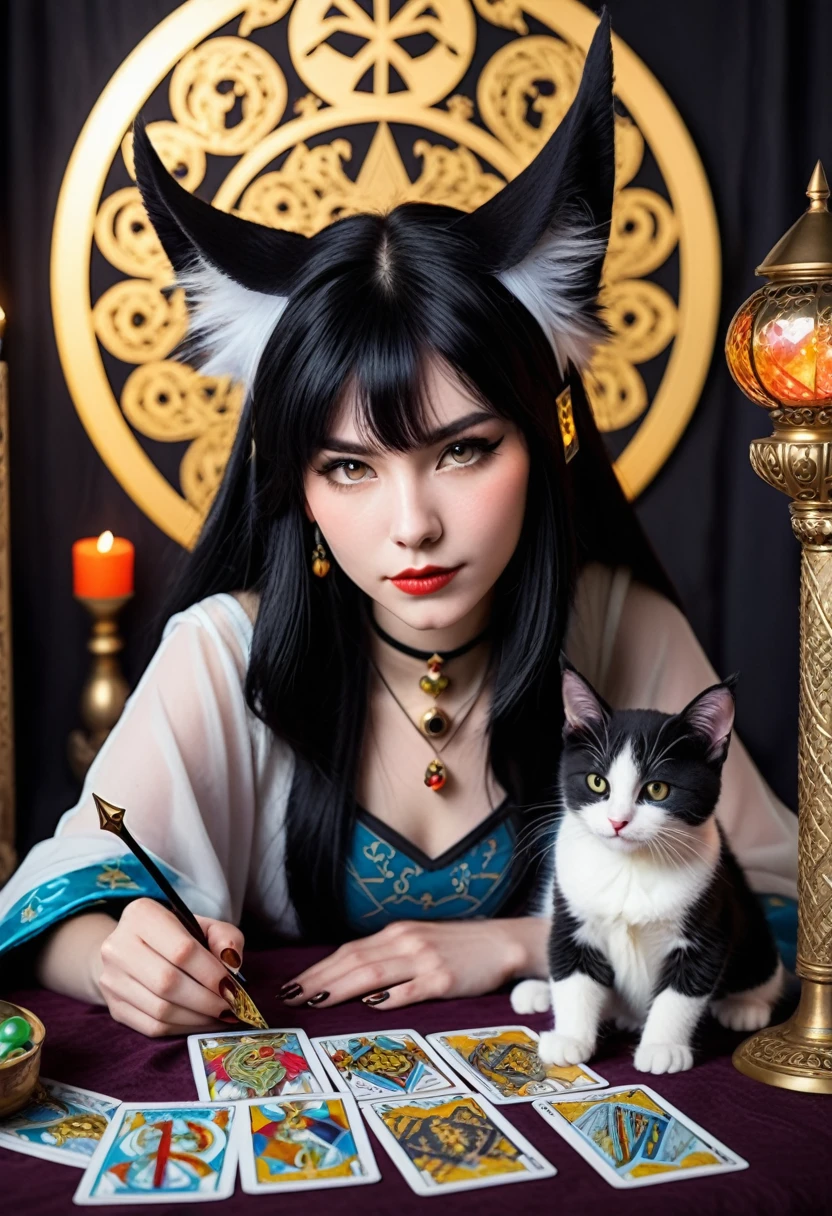 Monster Girl, Cat ear,20th Generation, fortune teller,Realistic Women, Black Hair,cute,Tarot reading