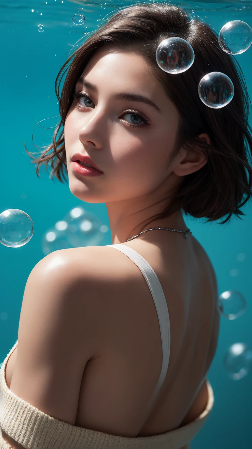 1girl, solo, looking at viewer, short hair, blue eyes, brown hair, black hair, collarbones, parted lips, water, lips, white sweater, sunlight, bubbles, underwater, ((small bubbles)), red balloons, high quality, 8k, hyperrealistic, cinematic lighting, photorealistic, masterpiece, exquisite details, intricate details, vibrant colors, natural skin tones, beautiful portrait, elegant pose, translucent water, floating bubbles, striking atmosphere, dreamlike ambience