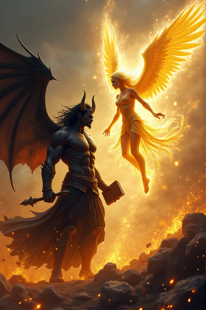 A devil with strong body black hair  black aura surrounding him and with shine stick and book fighting with the shining mesmerizing golden shining flying warrior
