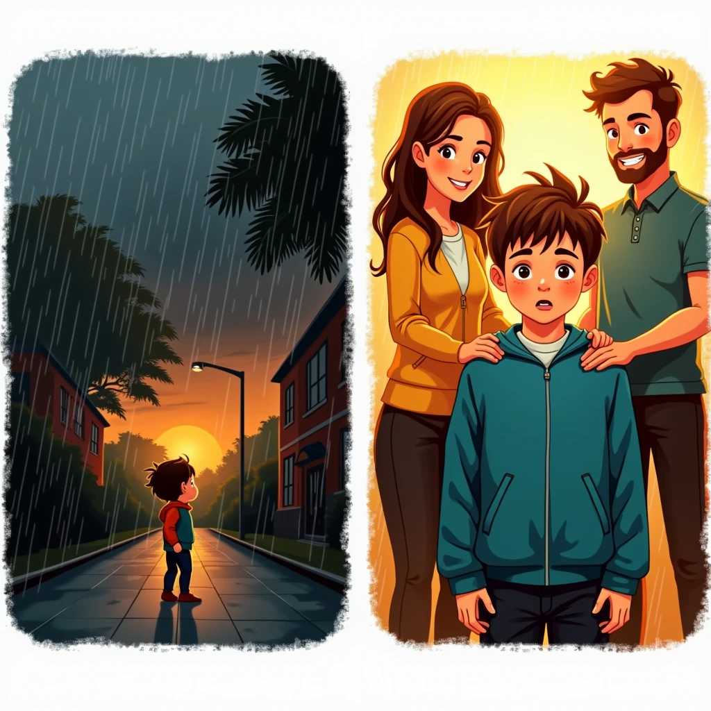 Create an image depicting two contrasting scenes of a child facing bullying at school and on the second family support. On the left side, show a child who is being bullied, looking down with a sad expression, feeling isolated and vulnerable, with darker, rainy more muted colors to reflect their loss of confidence and the hostile and depressive , heartbreaking environment around. On the right side, show a child who has been protected by family and parents, standing confidently with a supportive parent around child, with brighter, warmer colors to highlight their regained sense of security, positivity and smiling.