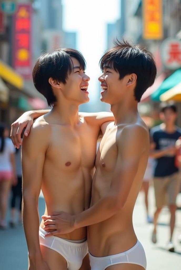 Realistic, highly detailed, Two boys, cute, korean, embrace, in the street, bangs, muscle, sexy, white thong underwear, abs, topless, city