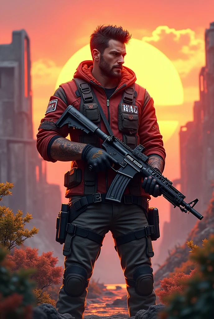 Create a small dp size freefire character in hand a nice gun and name big name logo RAG 37 And good background big character good looking game character male