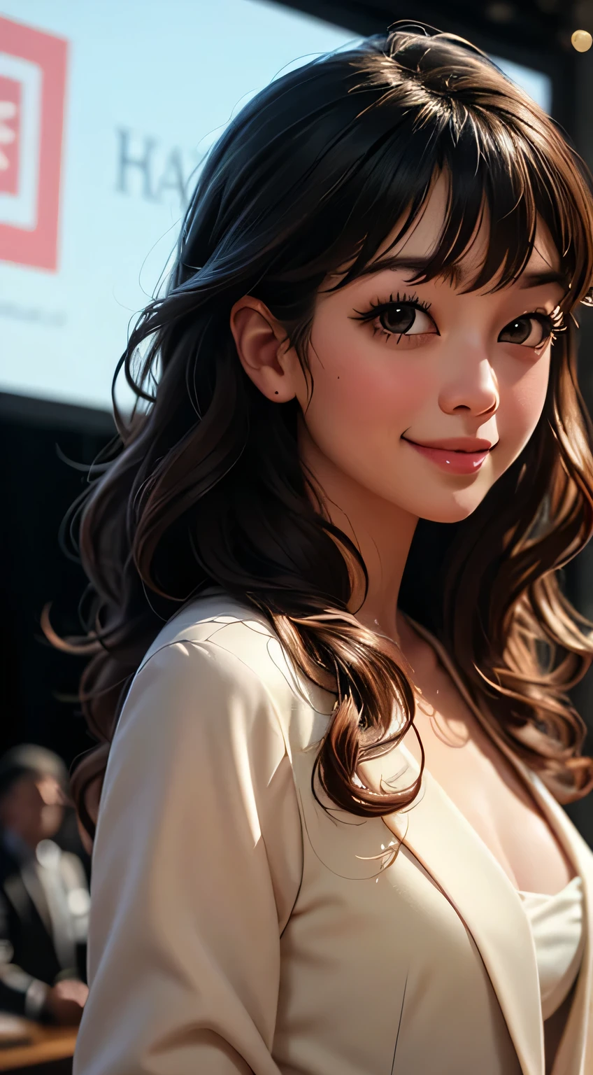 1 Japan、woman、40 years old、Close-up shot from the front, Facing the audience in the center of the screen、alone, Elegant wavy long hair, Brown Hair, Expose your shoulders, business suit, Looking at the audience, bangs, Upper Body, Mouth closed、smile