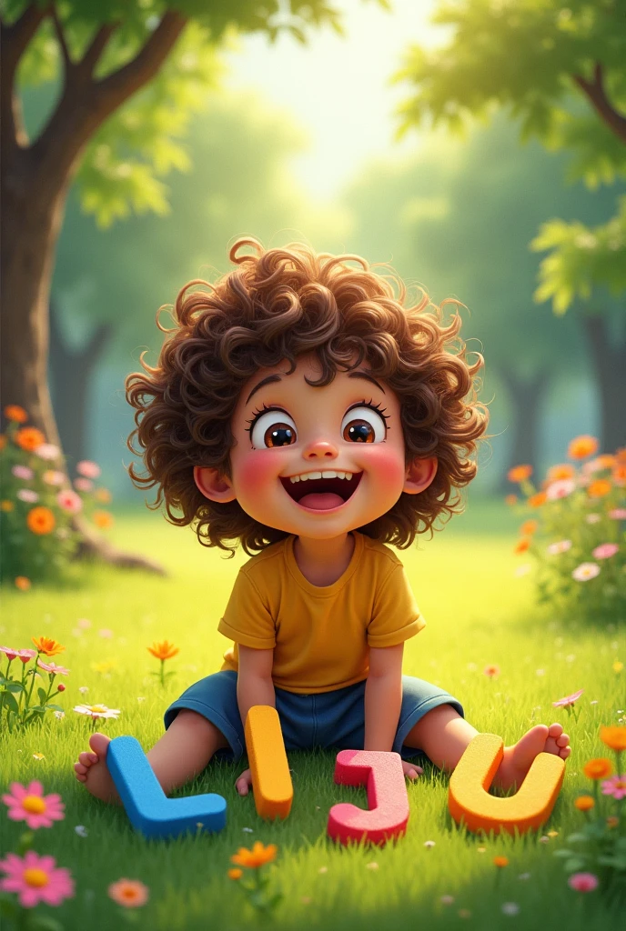 A long-haired boy, with hair that reaches below his shoulders, curly brown hair, big brown eyes, a round face, honey-colored skin, playing with letters L I J U in a park. The animation should look like it was created with colors and pencil.