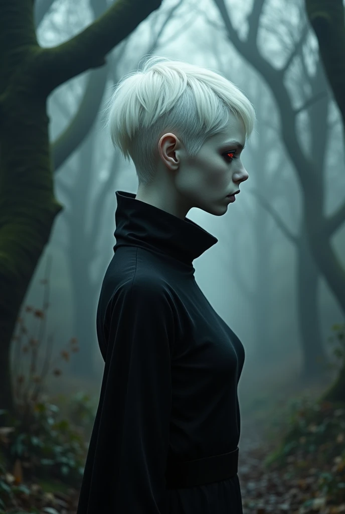 Profile of an albino human-like creature, pale translucent skin, short platinum white hair, blood red eyes with black sclera, black clothes on him