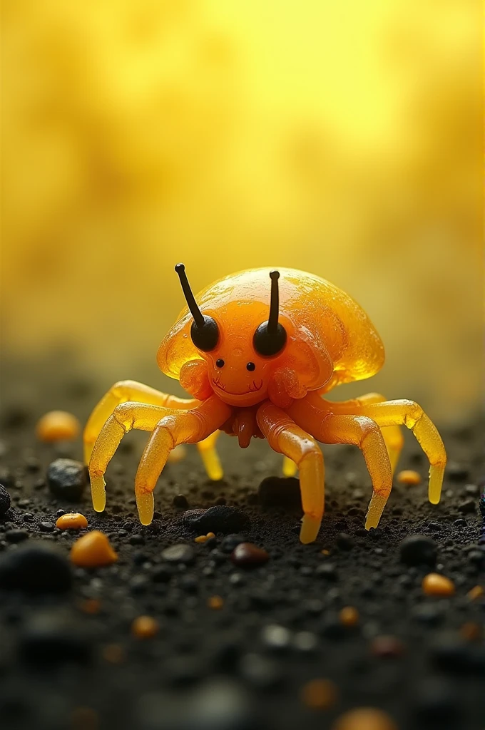 A Tiny Translucent Kawaii Arachnid and Cephalopod Creature, with Colorful and Visible Organs that Vomit. Yellow Blood. Black Rusty Granular Soil. Gloomy Yellow Sky Smoke Gas. Invasion Scene.