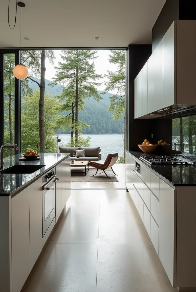 the kitchen is beautiful, technological and simple. Having a view of both the forest and the surrounded lake and the living room, the kitchen is in white and black colors in a classic and modern way, highly beautiful and well done.