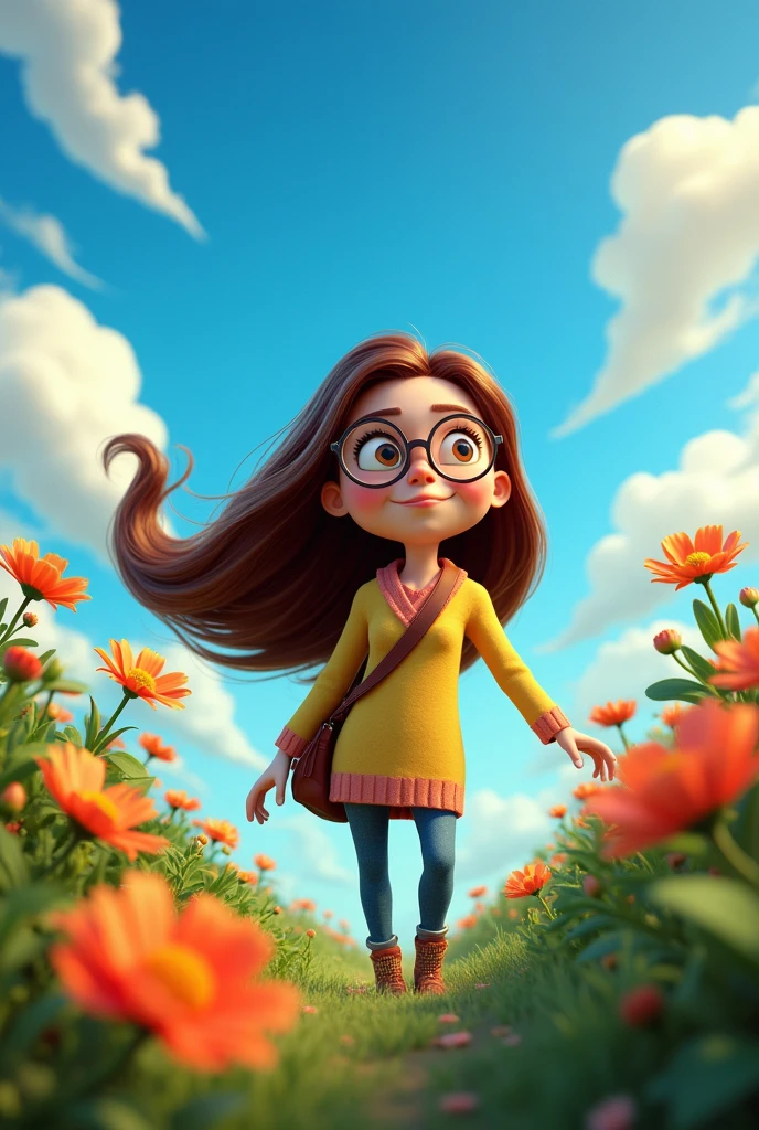 Create a 3D Movie Poster Inspired by Disney Pixar, The scene should be in Pixar's signature digital art style, with a caricature image representing  , with long brown hair, wearing small glasses.