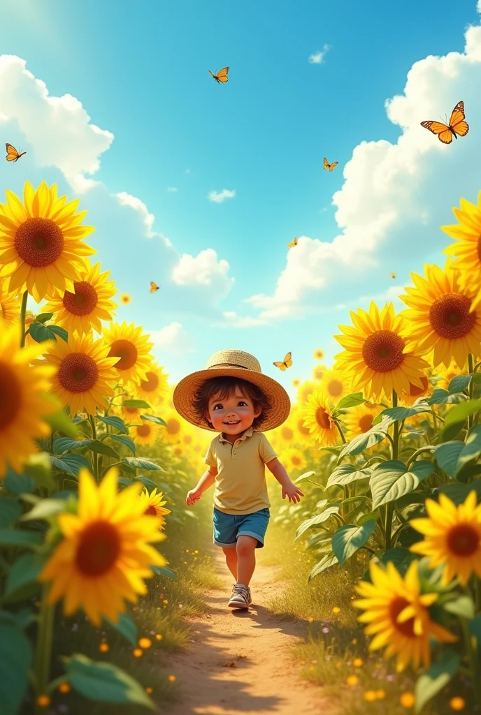 A child walking through a field of sunflowers.
