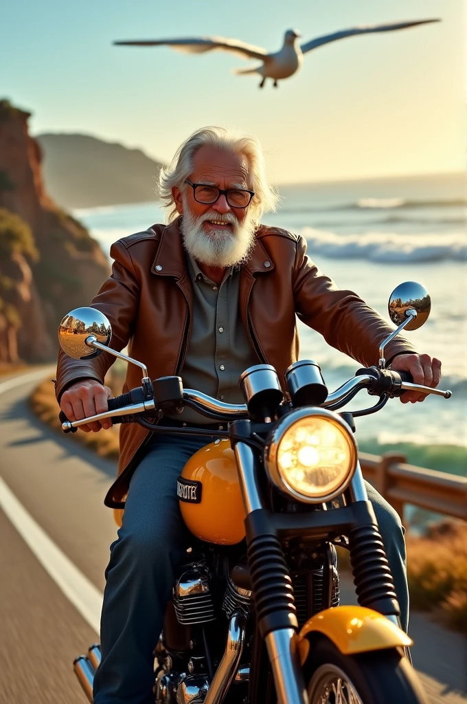 Old man with glasses on a motorcycle