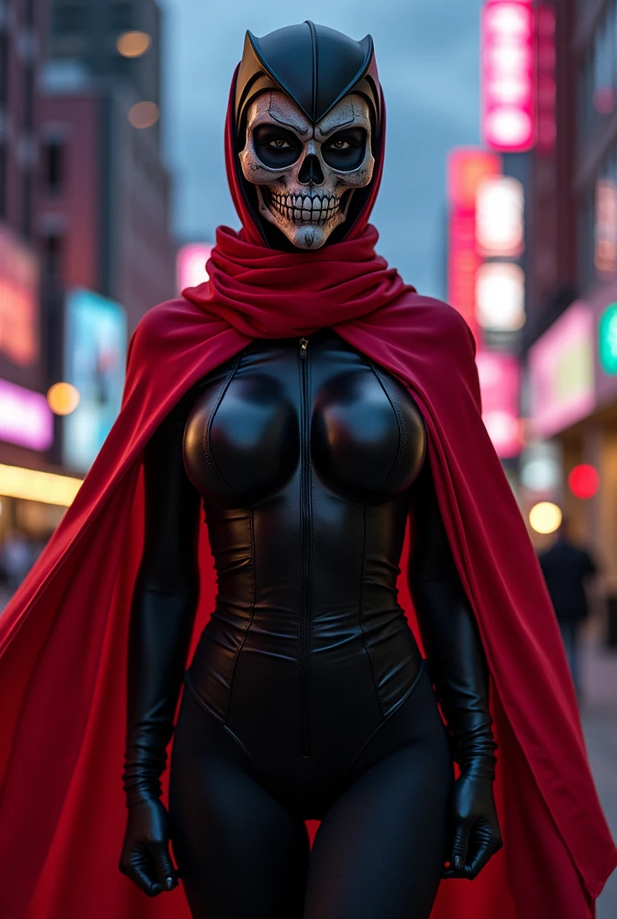 Skullomania, bodysuit,skin tight, red scarf, solo, upper body, standing, pose, large breasts, mask (insanely detailed, beautiful detailed face, masterpiece, best quality)