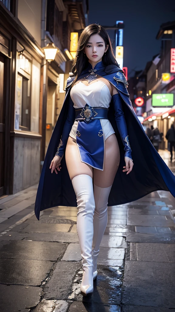 South korea asssassin's creed walk women mystery hooded on with modern royal Blue coat with long and wide sleeves with buttons and royal Blue cape and very high white heel over the knee and white gloves, As she reveals a small secret hidden blade coming from his palm , adding to the characters mysterious, with small movements of air on the cape, in summer at night under the rain, with buildings featuring curved eaves and detailed architecture. sophisticated and highly detailed, ultra hd, realistic, hyper detailed, enhanced colours, ultra sharp focus, with vibrant, rich in details High quality, gorgeous, captivating, 8k, super detailed, stunning shadows, detailed lines, blood stain on coat and gloves, corpses in the street recently murdered