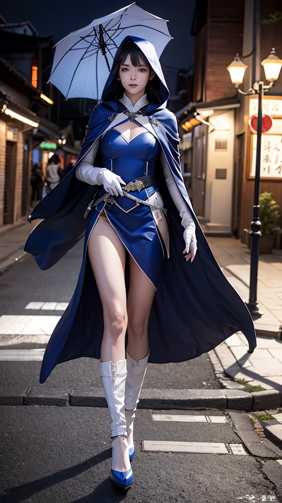 South korea asssassin's creed walk women mystery hooded on with modern royal Blue coat with long and wide sleeves with buttons and royal Blue cape and very high white heel over the knee and white gloves, As she reveals a small secret hidden blade coming from his palm , adding to the characters mysterious, with small movements of air on the cape, in summer at night under the rain, with buildings featuring curved eaves and detailed architecture. sophisticated and highly detailed, ultra hd, realistic, hyper detailed, enhanced colours, ultra sharp focus, with vibrant, rich in details High quality, gorgeous, captivating, 8k, super detailed, stunning shadows, detailed lines, blood stain on coat and gloves, corpses in the street recently murdered